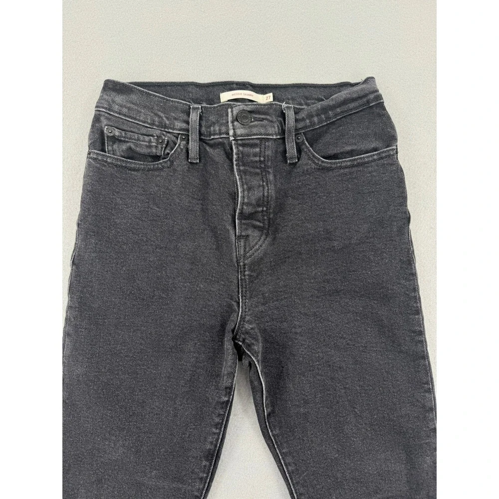 Levis Wedgie Skinny High Rise Black Jeans Raw Hem Button Fly Womens 27 (27x26)